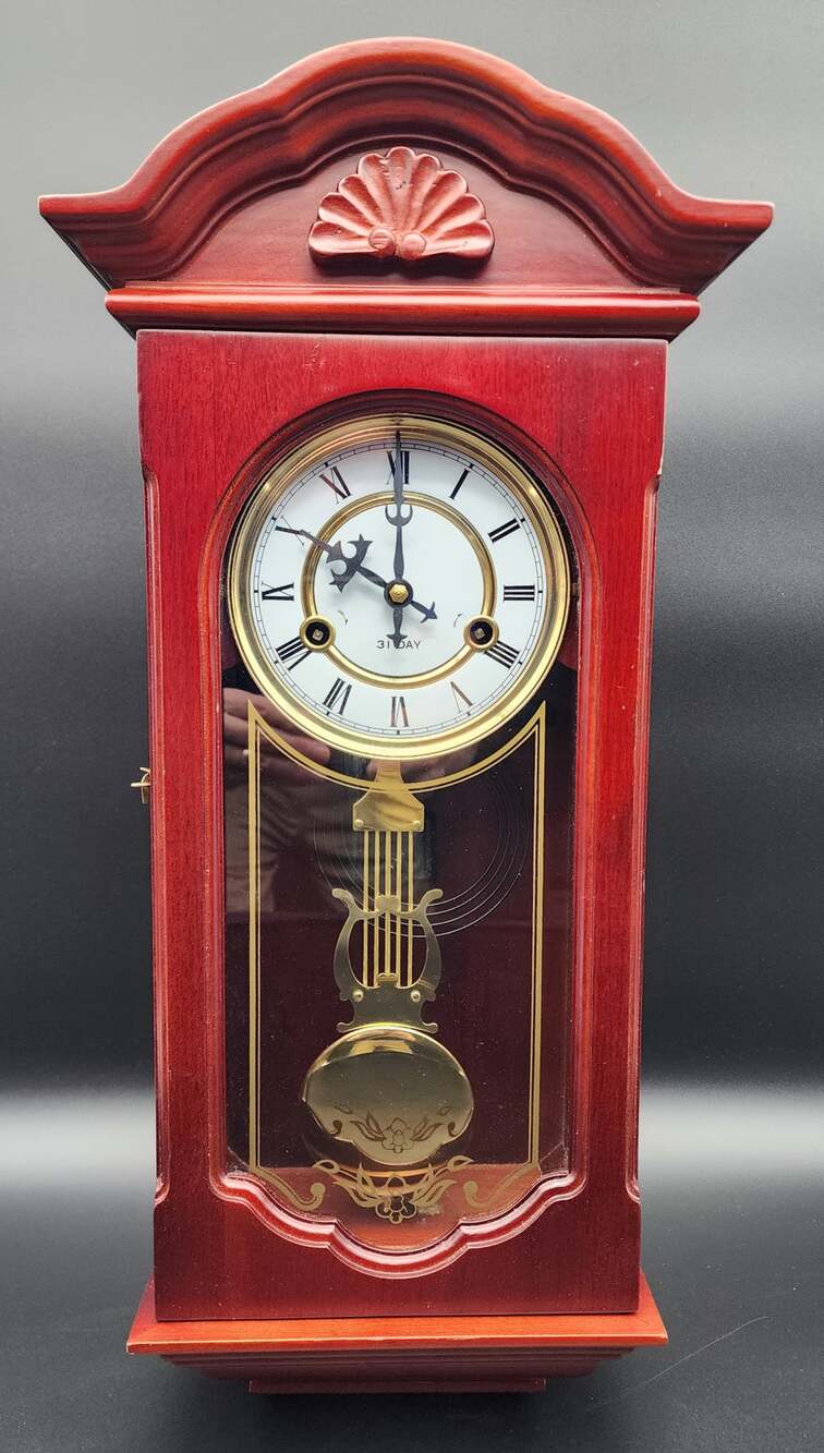 Vintage 31‑Day Regulator Clock Wood Case Glass Door w/ Key – For Decor/Parts